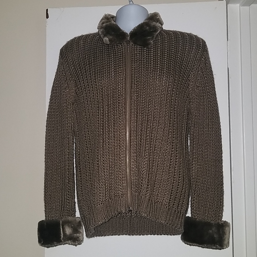 Liz Claiborne Knit Wool Zip Faux Fur Cuffs Sweater
